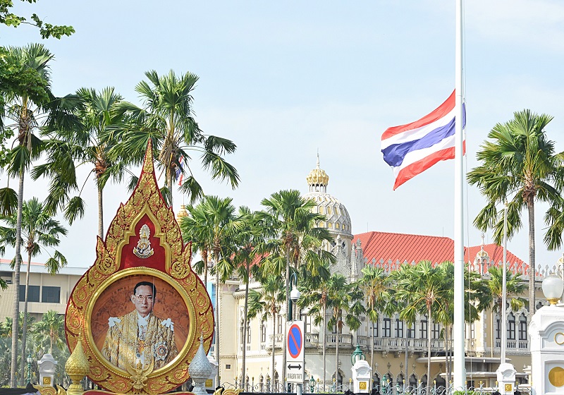 A portrait of His Majesty the Late King seen Friday at the Government House in Bangkok.