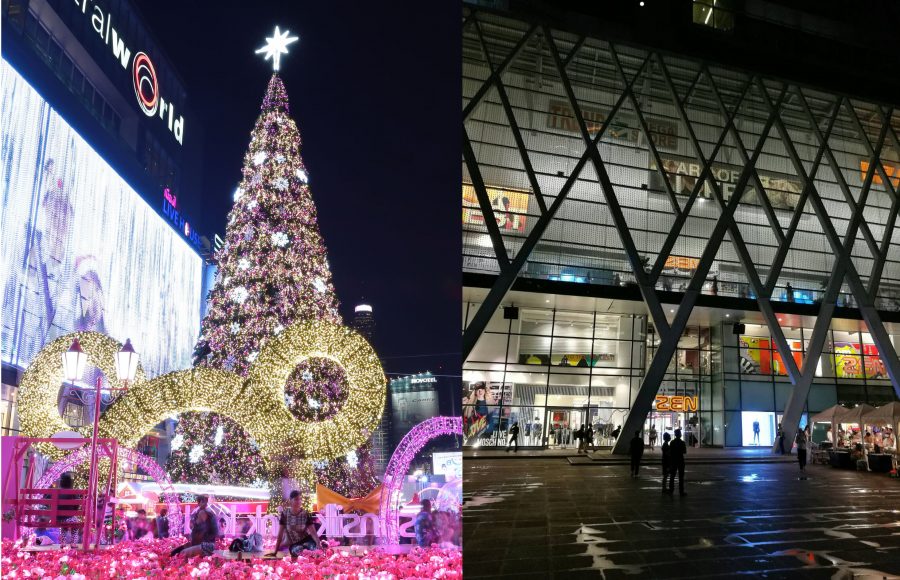 At left, the Christmas display in front of Bangkok’s CentralWorld shopping mall on Dec 18, 2015. At right, the same plaza was mostly empty Friday night.