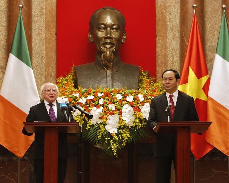 Irish President Michael Higgins, left, speaks in 2016 to reporters as his Vietnamese counterpart Tran Dai Quang listens during a joint press briefing in Hanoi, Vietnam. Photo: Tran Van Minh / Associated Press