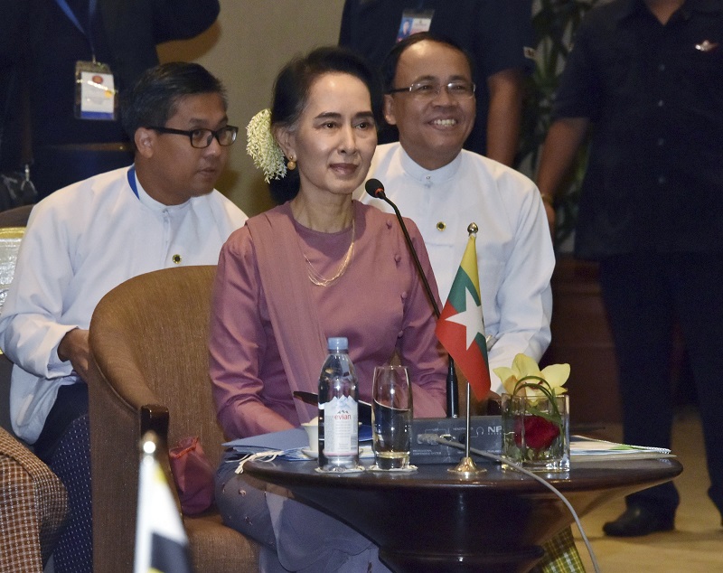 Myanmar Foreign Minister Aung San Suu Kyi, center, attends a meeting with foreign ministers from Association of Southeast Asian Nations (ASEAN) last year at a hotel in Yangon, Myanmar. Photo: Associated Press