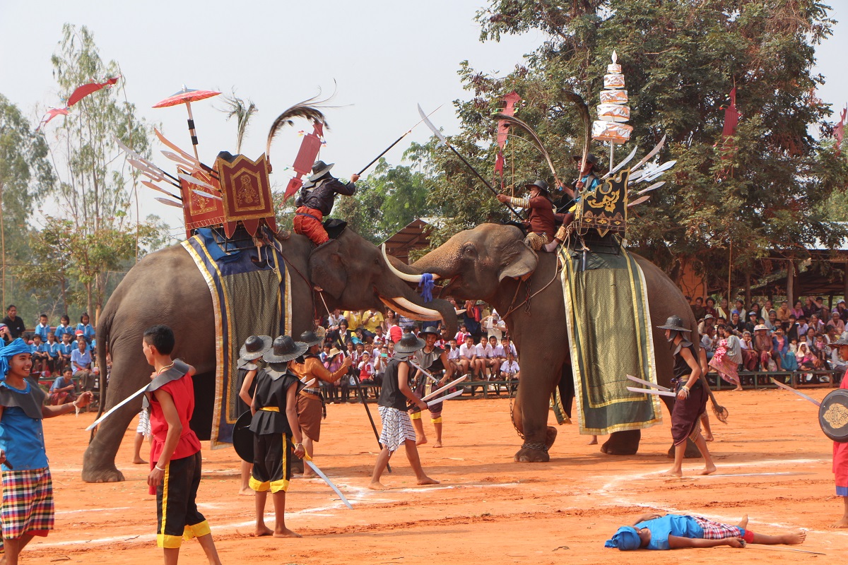 A historical reenactment of King Naresuanâ€™s elephant battle for Thai Elephant Day in Surin province.