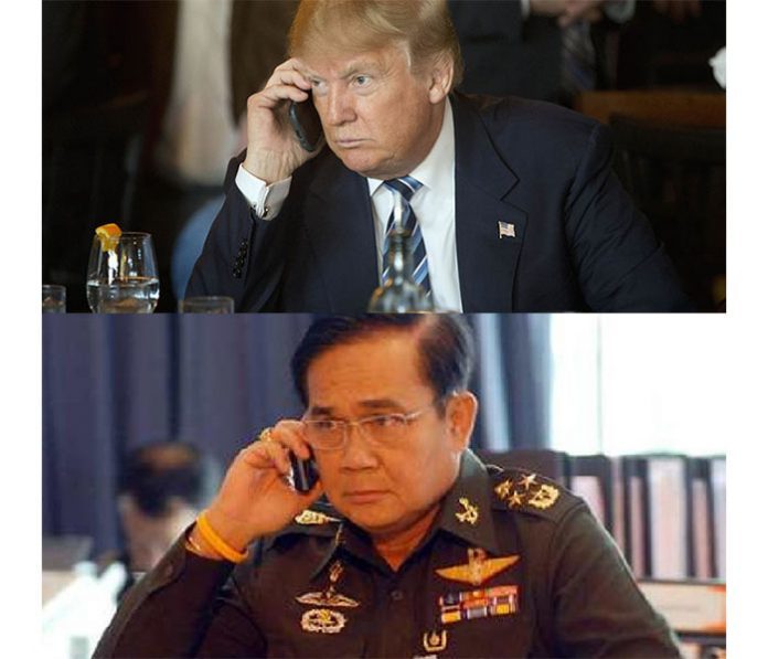 At top, then-candidate Donald Trump listens to his mobile phone at a Feb. 18, 2016, campaign stop. Photo: Associated Press. Below, then army chief Prayuth Chan-ocha uses a phone in 2013. Photo: Matichon