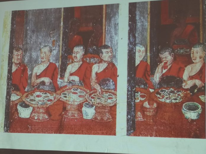 Old unidentified temple murals dating to the Ayutthaya period show how Siamese monks and lay people eat. Old unidentified temple murals dating to the Ayutthaya period show how Siamese monks and lay people eat.