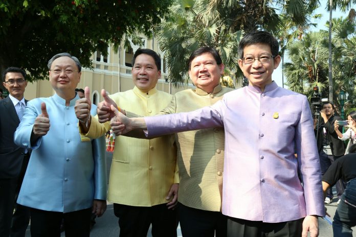 From left to right, Commerce Minister Sontirat Sontijirawong, Industry Minister Uttama Savanayana, Science and Technology Minister Suvit Maesincee, and Kobsak Pootrakool from the Prime Minister’s Office.