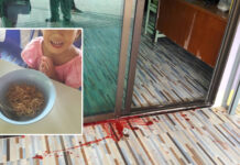 School Director Transferred for Meatless Stir-fried Mama A teacher’s office at Wat Wong Duan School being splashed with animal blood on Aug. 21. Insert: A photo of stir-fried instant noodles apparently served at school on Aug. 16.