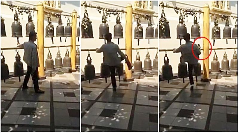 Images from a video of an Asian tourist kicking a bell at Doi Suthep Temple in Chiang Mai.<br />