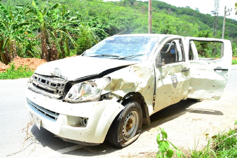 The military vehicle damaged by a roadside bomb in Yala province on 25 April 2015.