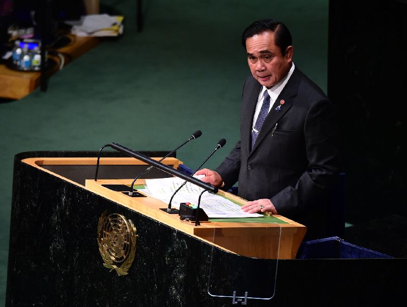 Junta chairman Prayuth Chan-ocha addresses the UN General Assembly yesterday. His regime is pushing ahead with a single gateway, a system with the expressed intent of monitoring all internet traffic in Thailand.