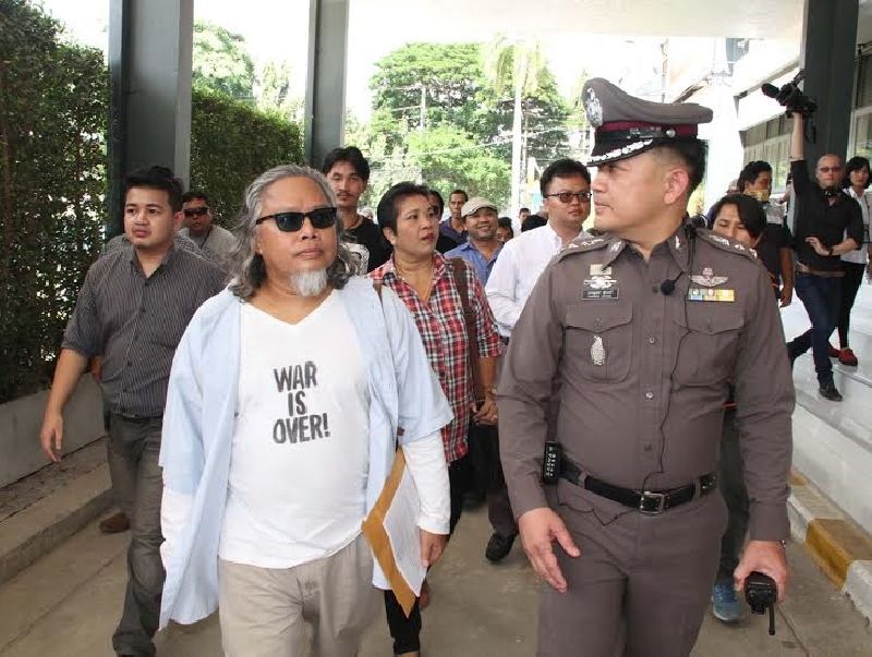 Pansak Srithep, a member of anti-junta group called Resistant Citizens, today at the Crime Suppression Division in Bangkok.