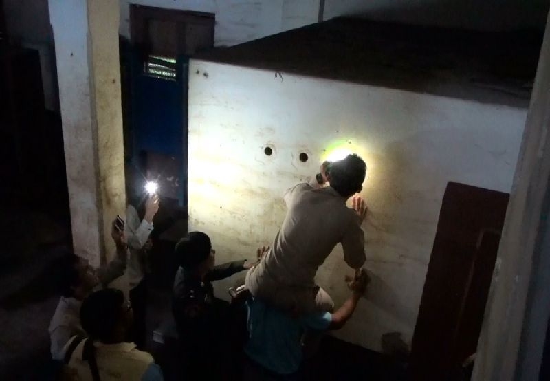 The scene outside the vault Nov. 24 before work was suspended on the orders of state railway officials.