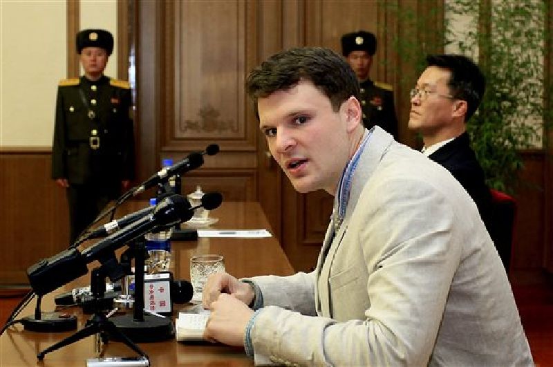 American student Otto Warmbier speaks during a press conference on Monday, Feb. 29, 2016, in Pyongyang, North Korea. Photo: Kim Kwang Hyon / Associated Press
