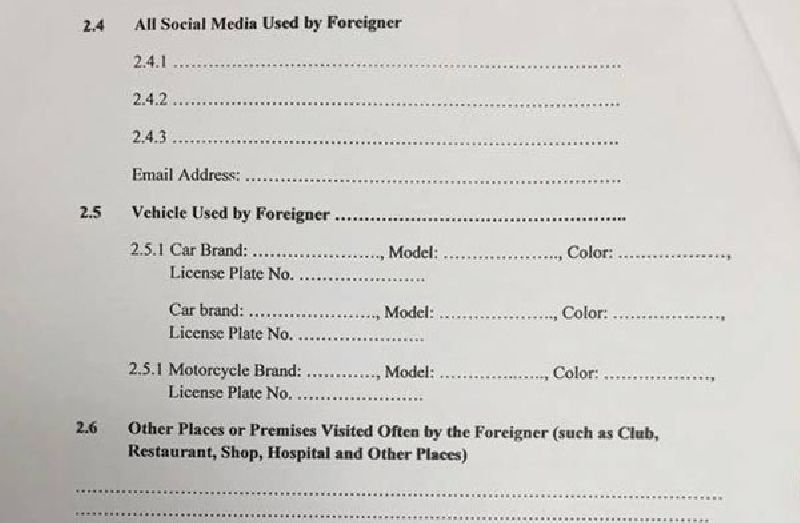 Part of a three-page Immigration Bureau form seeking personal information from foreign nationals residing in the kingdom.