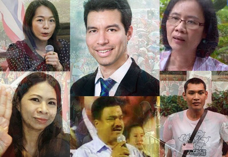 Clockwise from top left, Chiang Mai translator and pro-democracy activist Pakavadi Veerapasapong, Dhurakij Pundit University law lecturer Jade Donavanik, Chulalongkorn University professor Puangthong Pawakapan, online dissident Noppakow Kongsuwan, community organizer Suriyan Tonghnu-eid and Redshirt Suda Rangkupan.