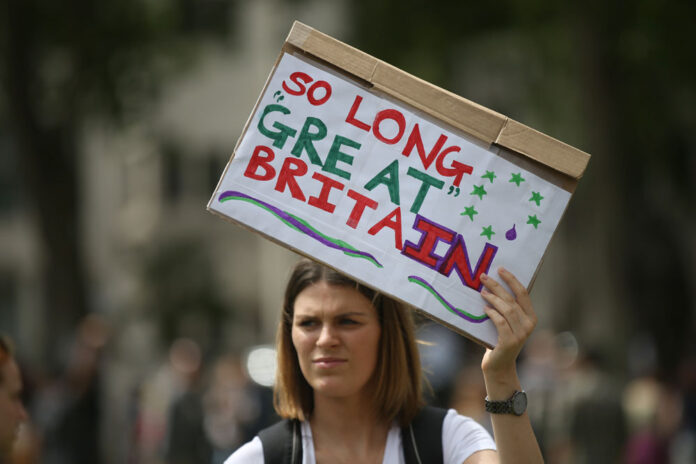 Demonstrators opposing Britain's exit from the European Union in Parliament Square following the EU referendum result protest Saturday in London. Photo: Tim Ireland / Associated Press