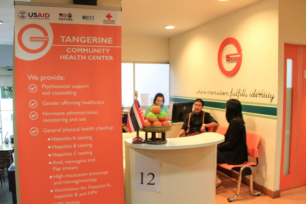 Kanattsanan ‘Mukk’ Dokput, seated at middle, at the Tangerine Health Community Center in Bangkok.