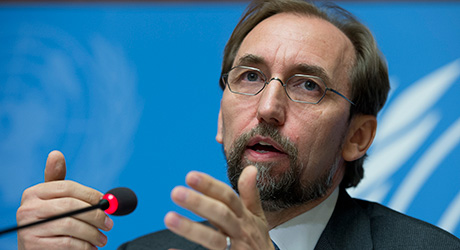 UN High Commissioner on Human Rights Zeid Ra’ad Al-Hussein speaks Monday in Geneva.