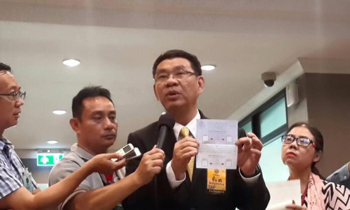 Election Commissioner Somchai Srisutthiyakorn displays the fraud-proof features of ballots to be used in the forthcoming referendum on April 11.
