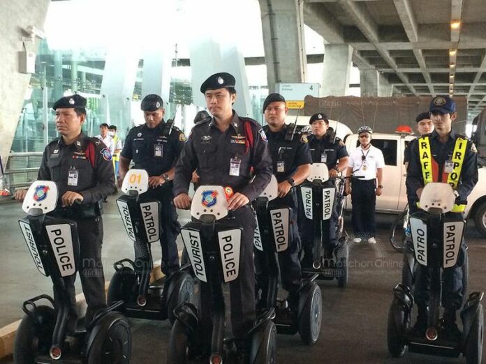 Police officers on Segway patrol on Oct. 8, 2014, at Suvarnabhumi Airport.