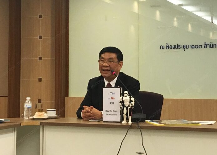 Election Commissioner Somchai Srisutthiyakorn joins in the trend of expressing views through toys Thursday with his own Stormtrooper urging the public to participate in the Aug. 7 charter referendum.