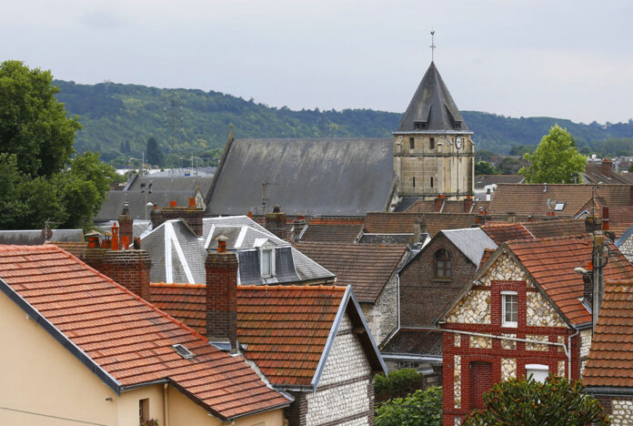 View of the church where a priest was killed in an attack in Saint-Etienne-du-Rouvray, Normandy, France, on Tuesday. Photo: Francois Mori / Associated Press
