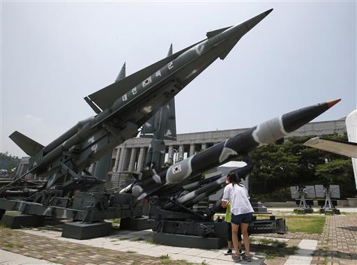 South Korea's mock missiles are displayed at the Korea War Memorial Museum in Seoul, South Korea, Friday, July 8, 2016. Photo: Lee Jin-man / Associated Press