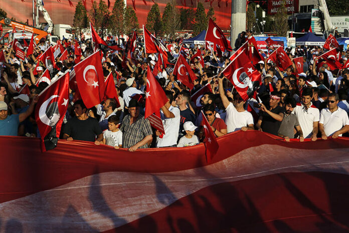 Supporters of the Republican People's Party, or CHP, wave Turkish flags during a