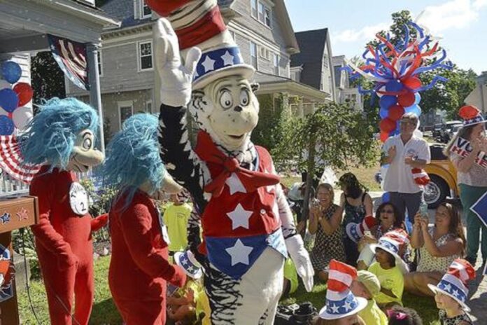 A character portraying the Cat in the Hat announces Tuesday, July 26, 2016, he is running for President outside the childhood home of their creator Theodor Geisel, better known as Dr. Seuss, on Fairfield Street in Springfield, Mass. Photo: Dave Roback