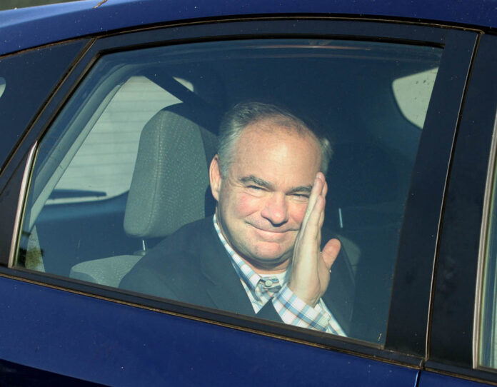 Virginia Senator Tim Kaine, Democratic presidential candidate Hillary Clinton's pick for vice president, waves to the crowd before attending a private fundraiser event in Rhode Island. Photo: Bob Breidenbach / Providence Journal / Associated Press