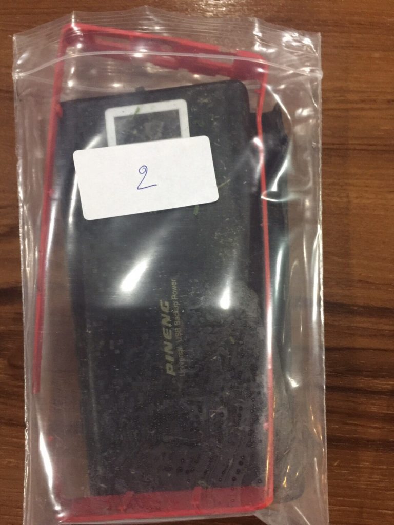 A firebomb made from a mobile phone power bank found in Patong on Wednesday.