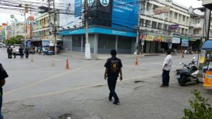 A closed intersection in Hua Hin where a bomb struck.