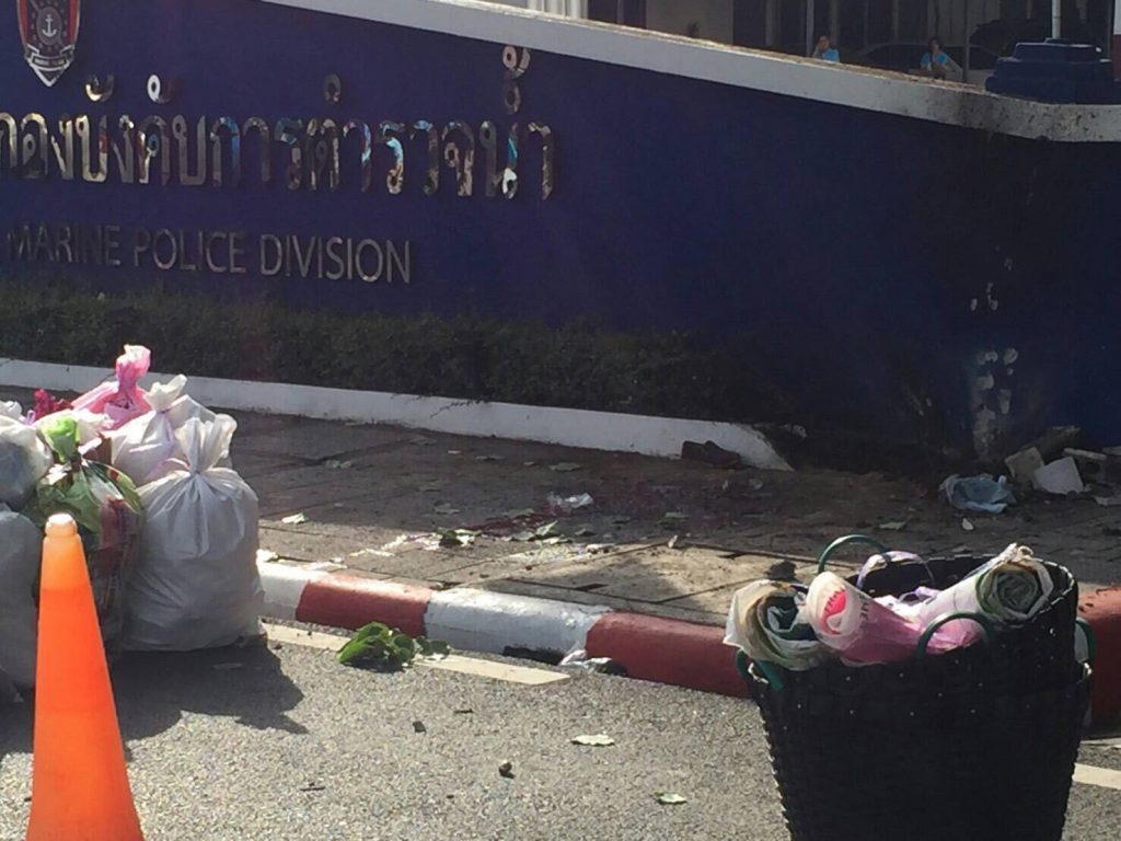 Scene of Friday’s explosion in front of the Marine Police Division in Surat Thani province.