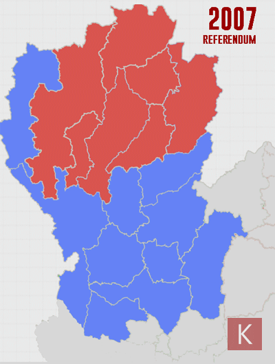 Areas in red voted to reject the constitutions passed in the 2007 and 2016 charter referendums or were outright wins for the Pheu Thai Party in the 2011 General Election, with blue being won by other parties or none.