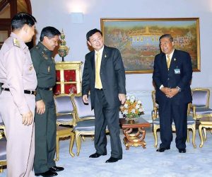 Former Prime Minister Thaksin Shinawatra, second from right, and army chief Gen. Sonthi Boonyaratglin, 2nd from left, on Aug. 24, 2006, two weeks before Sonthi deposed Thaksin in a coup.