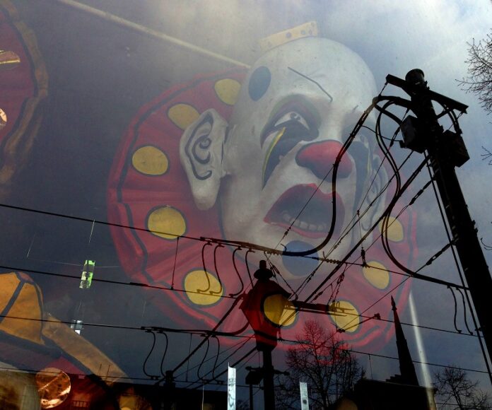 Clown decor displayed behind a glass panel in 2014 in Baltimore, Maryland. Photo: Christopher Sessums / Associated Press