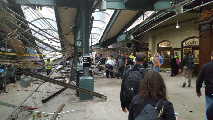 The scene of a train crash in Hoboken, New Jersey, on Thursday. Photo: Cephster / Twitter