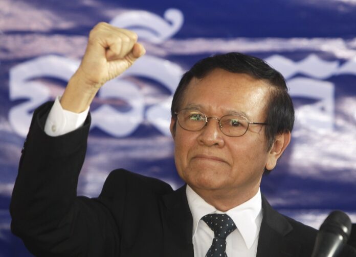 Cambodia's main opposition Cambodia National Rescue Party Deputy President Kem Sokha gestures in 2016 during a speech at the party headquarters in Phnom Penh, Cambodia. Photo: Heng Sinith / Associated Press