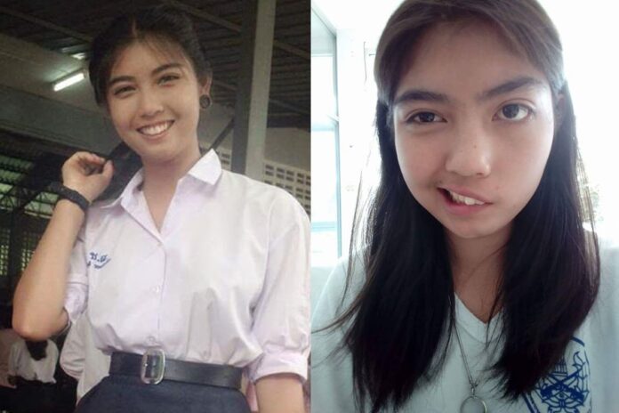 Naruedee Jodsanthia, 17, seen before and after she suffered nerve damage caused by a teacher at her school. Original images: Zaii Naruedee / Facebook