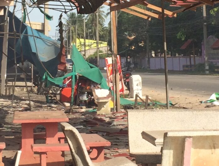 The aftermath of a bombing attack near a school in Narathiwat’s Tak Bai district this morning which killed two people including a young schoolgirl.