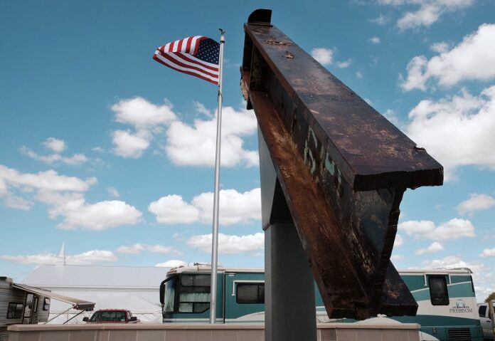 A beam from the destroyed World Trade Center buildings, part of the 9/11 Memorial this past Sept. 3 near the Veterans' Pavilion at the Fulton County Fair, in Wauseon, Ohio. Photo: Jetta Fraser / Associated Press