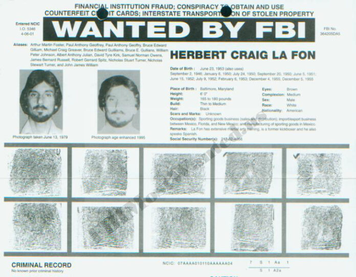 A 2001 FBI bulletin seeking fugitive fraud suspect Herbert La Fon. Photo: U.S. Federal Bureau of Investigation