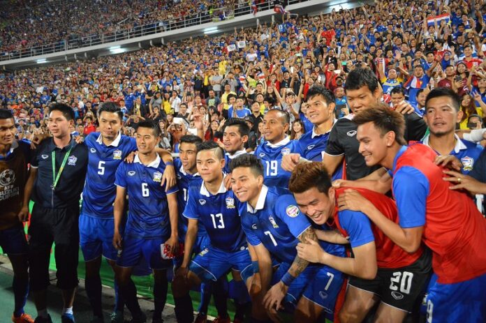 Thailand's men's national football team shows here in 2014 after winning the first leg of the AFC Suzuki Cup at Bangkok's Rajamangala Stadium. Photo: Pitisak Chotpiboonsap / Flickr