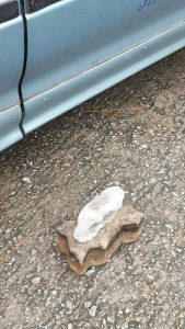 The brick Bravova allegedly used to smash two vehicles in a drunken rage early Tuesday morning.