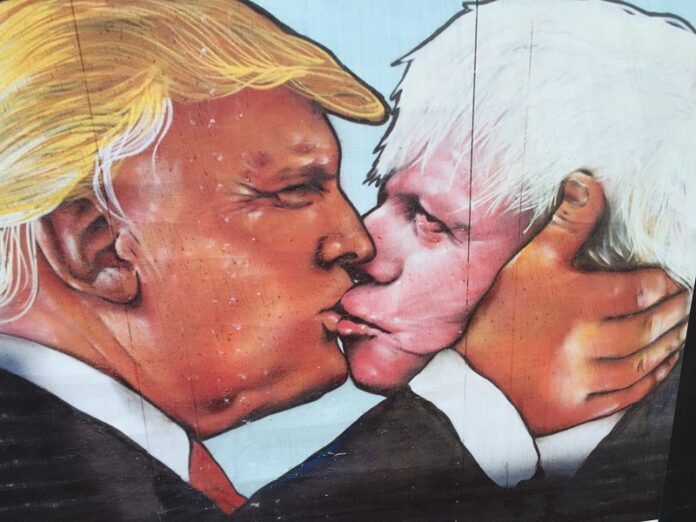 A graffiti of American Republican nominee Donald Trump (left) and current British Secretary of State Boris Johnson is displayed last June days before the UK's EU Referendum on the streets of Bristol, England. Photo: Matt Brown / Flickr
