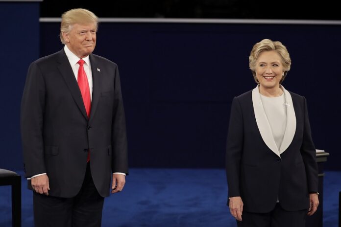 Republican presidential nominee Donald Trump and Democratic presidential nominee Hillary Clinton during the second presidential debate in October at Washington University in St. Louis, Missouri. Photo: Julio Cortez / Associated Press
