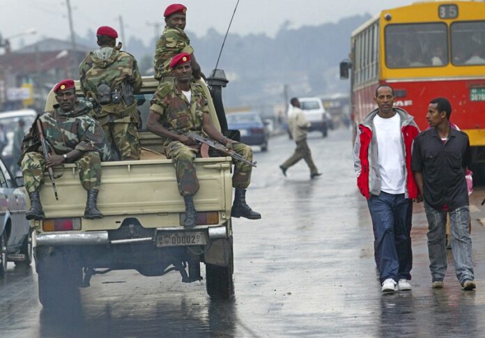 Members of the Ethiopian army patrol the streets of Addis Ababa, Ethiopia in 2005. Photo: Karel Prinsloo / Associated Press