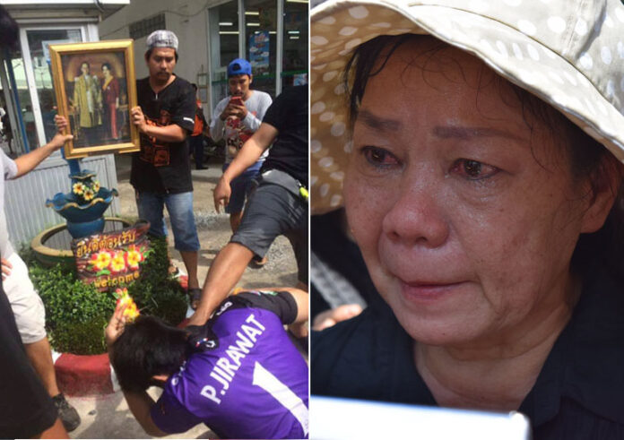 A mob kicks a man to the ground and forces him to apologize to a portrait of King Bhumibol on Tuesday in Chonburi, at left. At right, a woman cries 14 October at the Grand Palace in Bangkok. Psychologist Adipat Chaichanasakul says society is going through a collective grief process in which some have expressed anger as a means of regaining a sense of control.