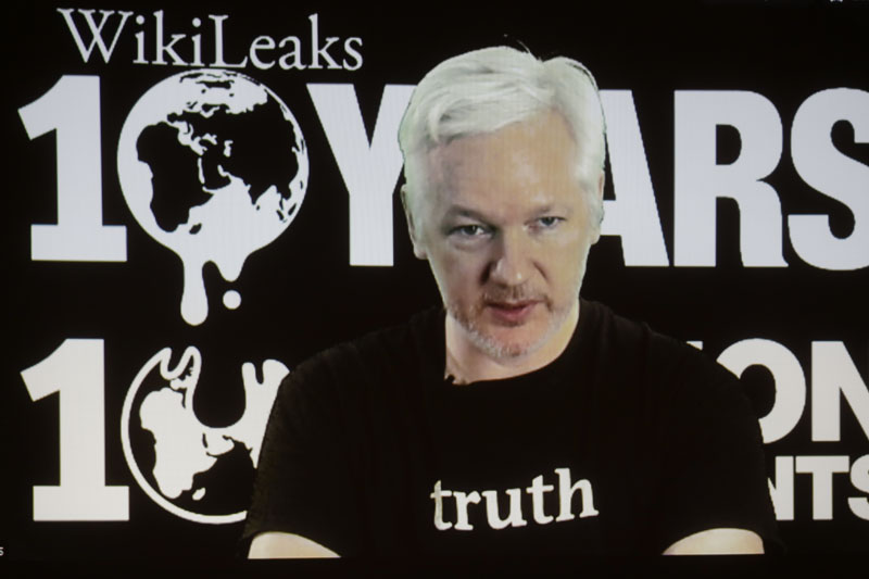 WikiLeaks founder Julian Assange participates via video link at a news conference marking the 10th anniversary of the secrecy-spilling group on Oct. 4 in Berlin. Photo: Markus Schreiber / Associated Press