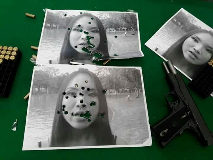Photos of Saran Chuichai after reportedly being taken to a shooting range and tweeted Monday. Image: Rang70 / Twitter