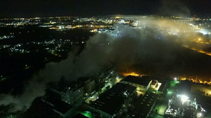 An aerial view of the 304 Industrial Park on Thursday night where sulfuric gas was leaked from a factory