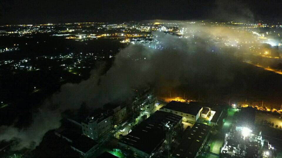 An aerial view of the 304 Industrial Park on Thursday night where sulfuric gas was leaked from a factory